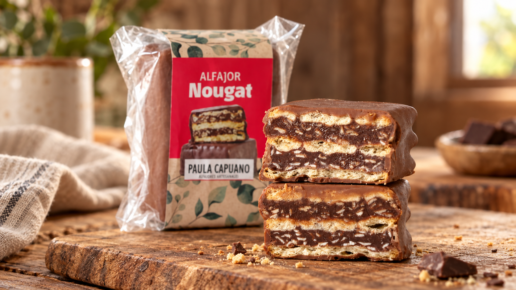 Alfajor Nougat artesanal de Paula Capuano con su presentación y dos mitades de chocolate